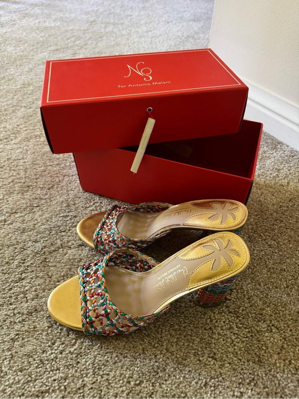 ANTONIO MELANI Multicolor Braided Slide Sandal with Gold Insole new with box